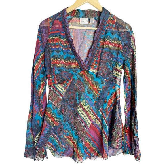 Chico's Tops - Chico’s Multicolor Silk Southwestern Print Long Sleeve V-Neck Boho Blouse Size 4